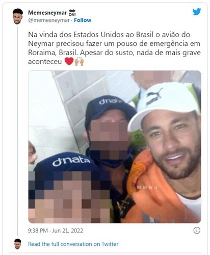 비상착륙한 공항 직원들과 사진 찍은 네이마르 [네이마르 트위터 캡처]